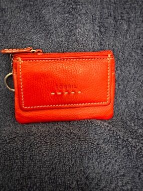 Fossil Orange Leather Zip Pouch with Stitch Detail
